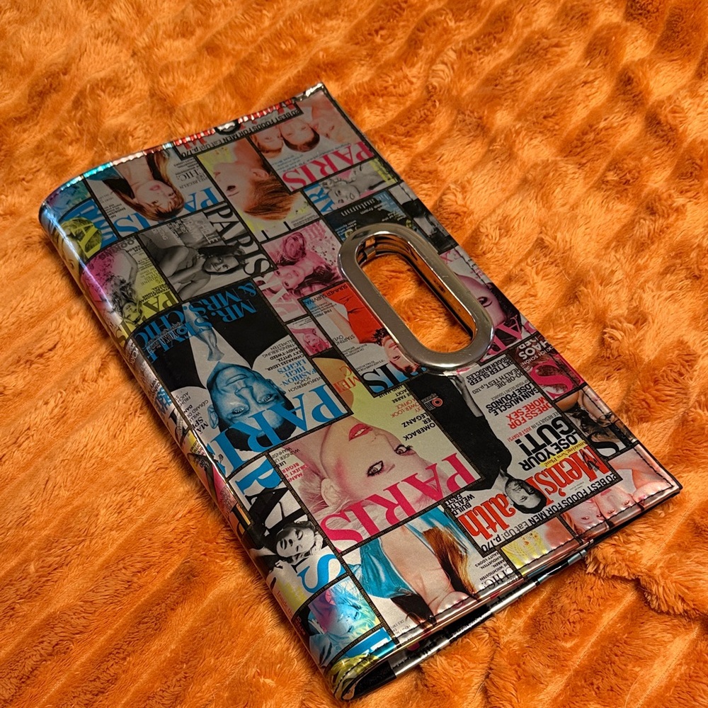 Colorful Magazine Print Clutch approx 13” x 7 1/2” small callout see pics - Picture 1 of 7